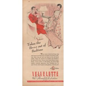 1947 Velvelette Vintage Print Ad Flannelette Fabric Mid Century Family Pajamas